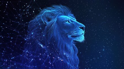 A luminous blue lion with a celestial digital network