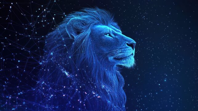 A luminous blue lion with a celestial digital network