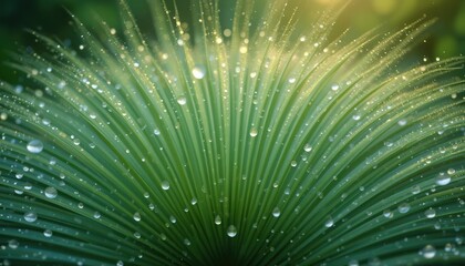 Obraz premium Refreshing raindrops on lush green palm leaves nature macro photography serene environment close-up view vibrant concept