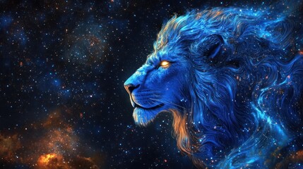 A celestial blue lion gazes serenely into the vast starry expanse