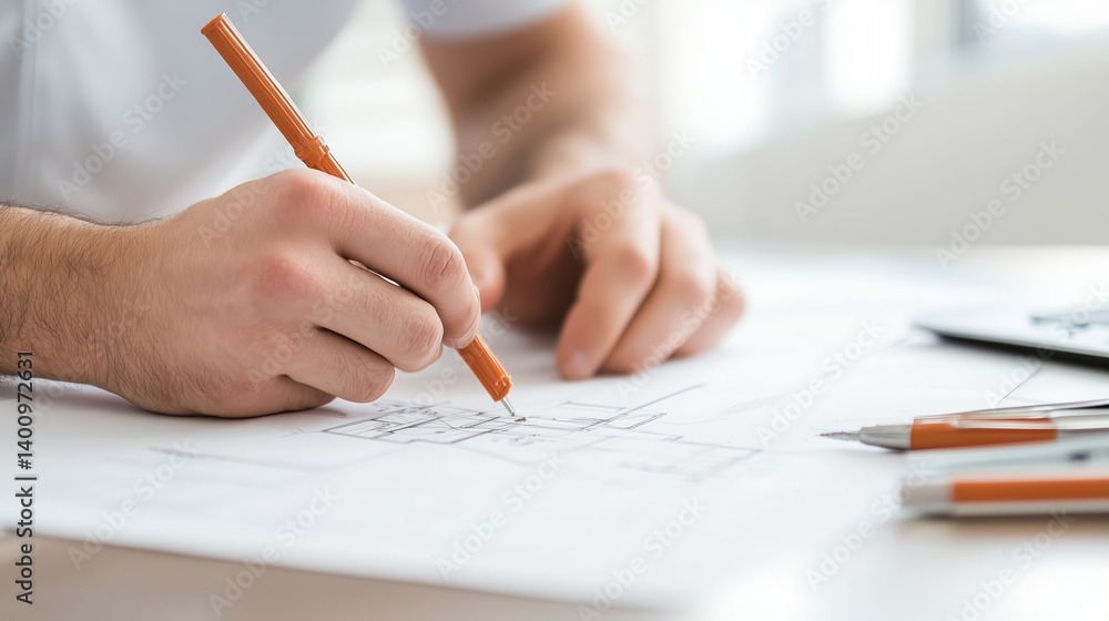 Poster hands create detailed architectural sketches on a workspace with tools, showcasing artistry and desi