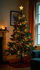 Evergreen Christmas tree with lights in a cozy room, evergreen trees, christmas tree