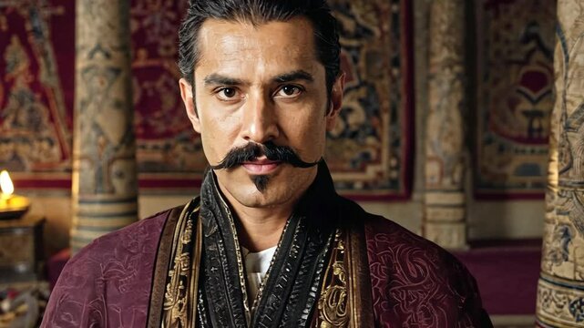Portrait of a man with a handlebar mustache and traditional clothing, indoors looking at the viewer with a decorative background