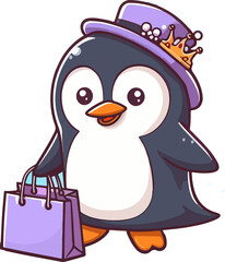 A royal penguin carrying a shopping bag.