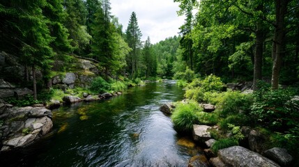 Obraz premium Clean River Running Through Restored Forest EcoSystem