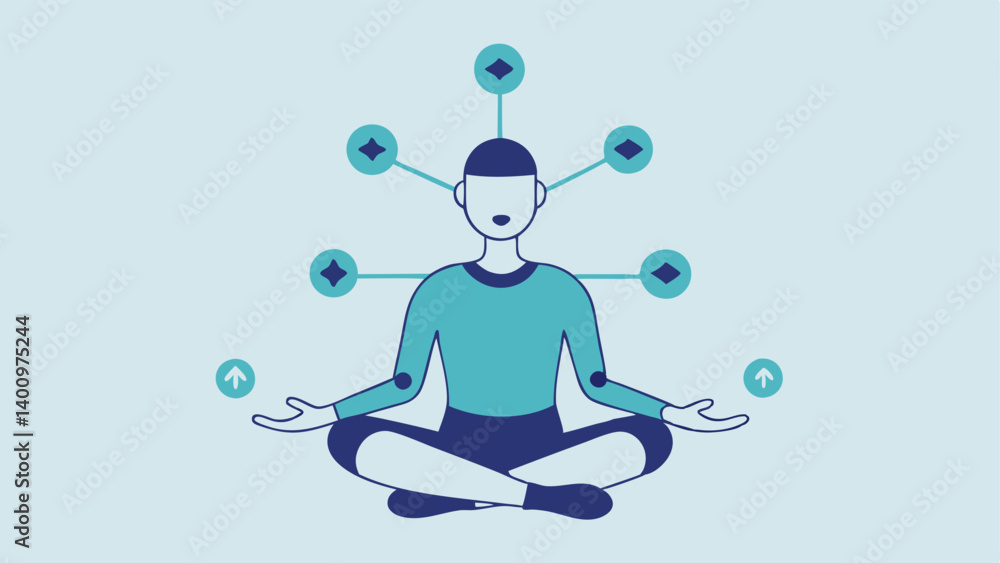 Aufkleber thoughts manifesting the biohacker sits crosslegged meditating with thought bubbles showcasing intri