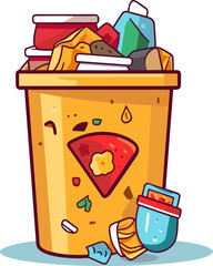 A overflowing trash can full of food waste and other garbage.