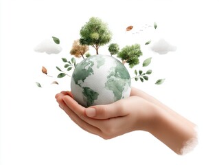 Hand-Painted Earth Cradled by Hands Surrounded by Greenery and Trees