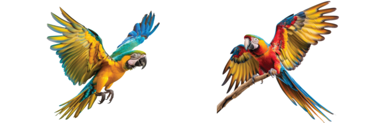 Two colorful parrots in mid-flight display vibrant wings and dynamic airborne gracefulness