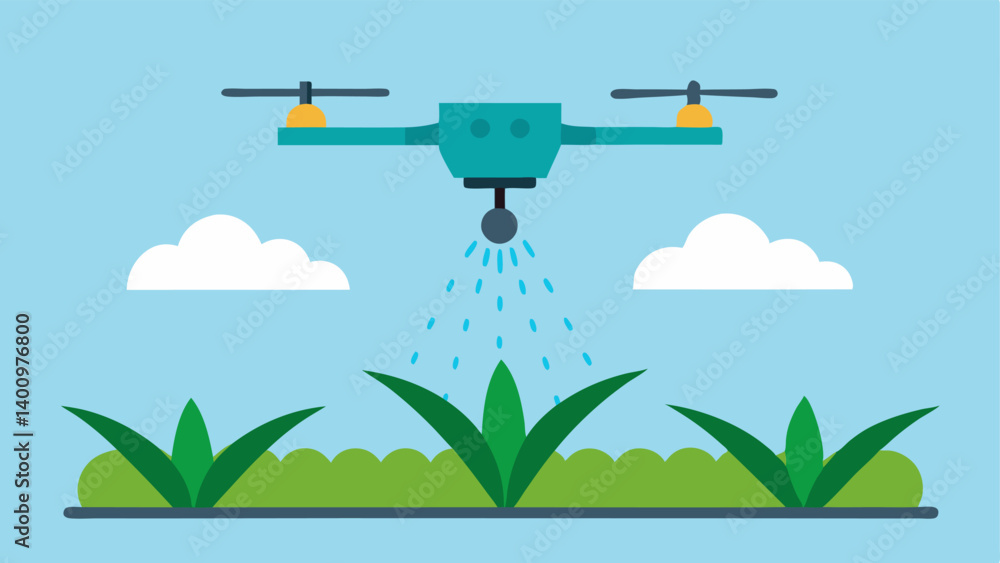 Poster irrigation drone a drone is hovering over a crop field with a nozzle spraying a fine mist of water o