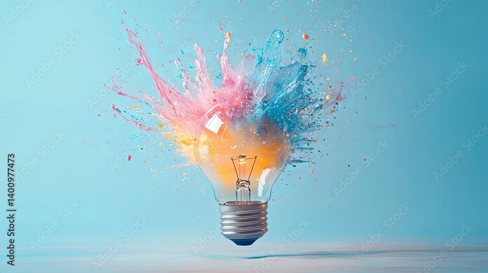 Poster a vibrant lightbulb explodes with colorful splashes of creativity.