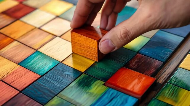 Hand picking colorful wooden block from a large group of blocks, representing selection, unique, and difference