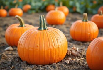 Isolated orange pumpkin in the field, harvesting pumpkins