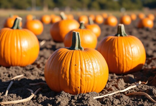 Isolated orange pumpkin in the field, harvesting pumpkins - Powered by Adobe