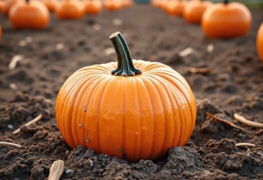 Isolated orange pumpkin in the field, harvesting pumpkins
