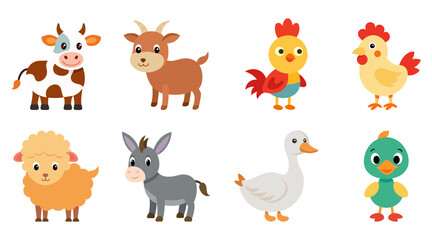 Fototapeta premium Farm Animals Vector Bundle – Cow, Goat, Sheep, Donkey, Chicken, Rooster, Goose and Duck Illustration in Cartoon Style. Domestic Animal Collection for Kids Coloring Book. Rural Life, Pet Clipart.