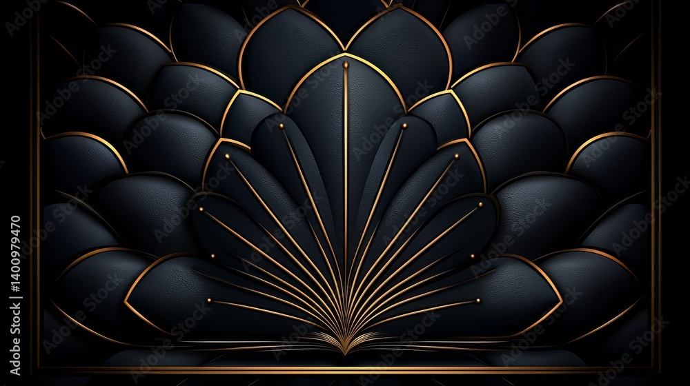 Poster black and gold leafy design with a gold border. the design is ornate and intricate
