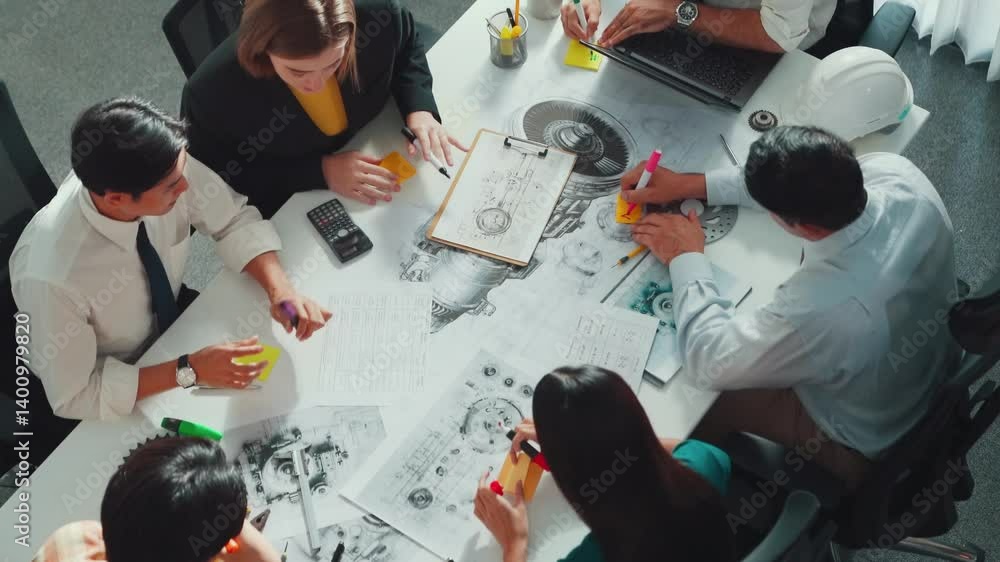 Poster group of diverse team planning strategy while sitting at table with project plan. top aerial view of