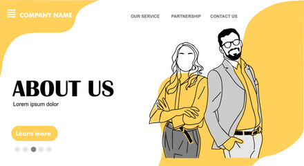 Business employment concept landing page. Website template with business team members, men and women standing together. Flat graphic outline sketch vector illustration in black and peach colors.