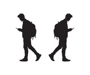 silhouette man walking with looking phone