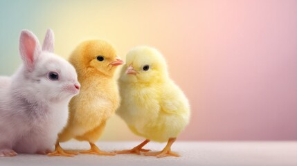 easter eggs festive decorations. Easter Friends Fluffy Bunny Chicks Celebration Pastel Colors Spring Season Adorable Companions Harmony Togetherness.