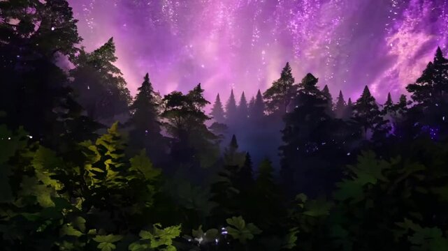 Purple Night Sky Over Glowing Forest