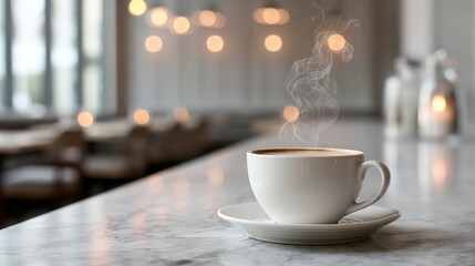 Obraz premium A steaming coffee cup on a marble countertop, evoking warmth and relaxation.