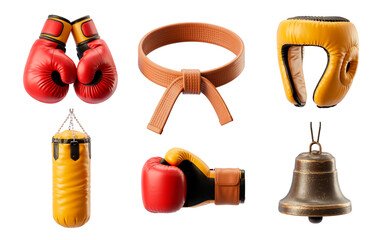 Set of 3d boxing equipment icons including gloves, headgear, belt, punching bag, and bell showcased on a transparent background