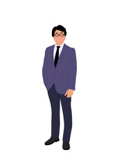Businessman standing in confident pose. Asian man wearing suit, black tie, glasses. Male cartoon character vector illustration isolated on white background