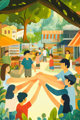 A vibrant community gathering, showcasing unity and collaboration among diverse groups in a lively market setting.