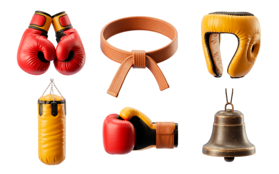 Set of 3d boxing equipment icons including gloves, headgear, belt, punching bag, and bell showcased on a transparent background