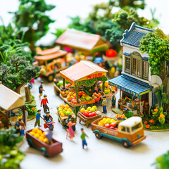A vibrant miniature market scene featuring people, stalls, and lush vegetation, capturing daily life in a community.