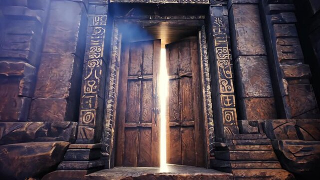 Massive wooden door opening with bright light, ancient stone architecture, carvings, and mysterious atmosphere, adventure and fantasy concept
