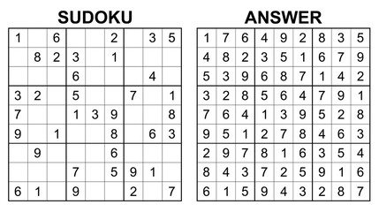 Vector sudoku with answer 26. Educational game with numbers for kids and leisure for adult on white background