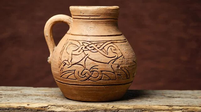 Rustic ceramic jug with a handle featuring engraved ornamental animal patterns, standing on an old wooden board against a dark brown background.