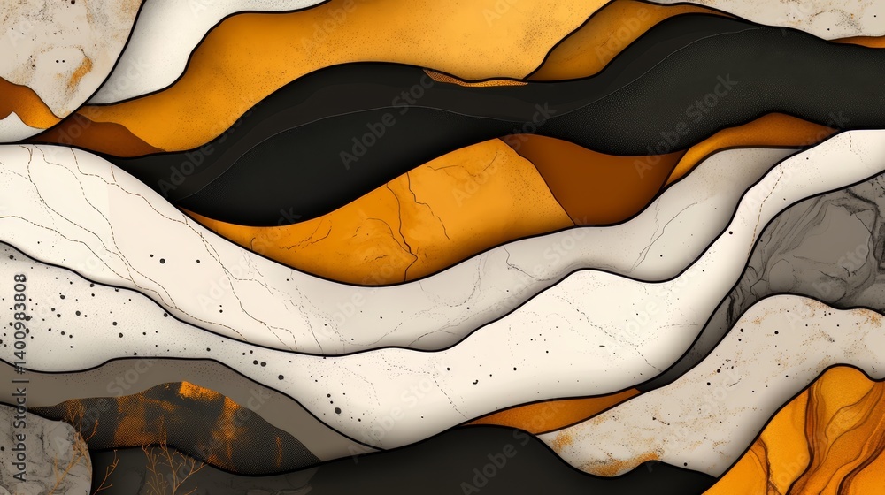 Poster black and white drawing of a mountain range with a yellow and white stripe. the image has a moody an