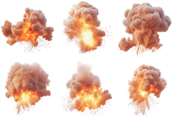 Fiery Explosions Captured in Motion: A Series of Dynamic Orange and Brown Smoke Clouds Against a Clean White Background.