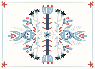 Folk hygge ready to use vector ocean print in Scandinavian style, folkloric isolated design on white. Composition with classic ethnic elements. Scandi folk motifs - sea animals, fishes and flowers