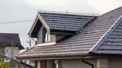 Inspecting Newly Installed Brown Metal Roofing System on Residential House