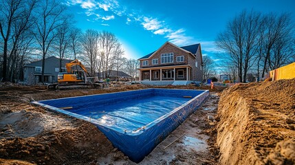 Pool excavation underway at new home construction site.