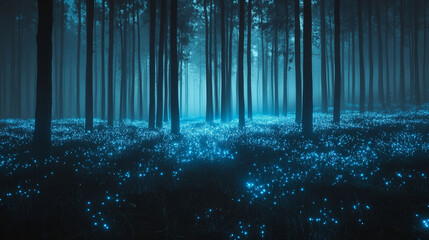A mystical forest illuminated by bioluminescent flora at night.