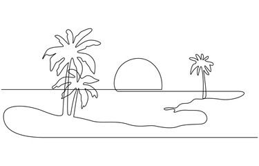 Seascape drawing with one single continuous line. landscape, One line drawing tropical oasis island, paradise concept. Abstract sunset, mountains, coconut palm tree landscape continuous art.