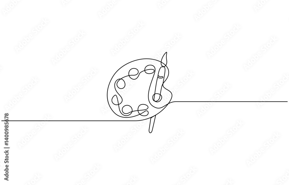 Poster brush and painting palette with paints. continuous one line drawing, paint palette art brush continu