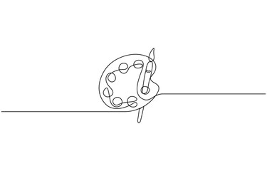 Brush and painting palette with paints. Continuous one line drawing, Paint palette art brush continuous one line drawing and minimalist style isolate outline vector icon.
