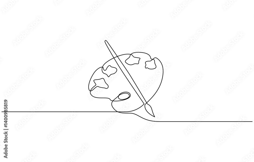 Poster brush and painting palette with paints. continuous one line drawing, paint palette art brush continu