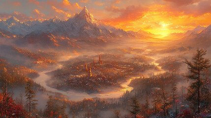 A breathtaking vista of a valley town at golden sunrise, nestled amongst majestic snowy mountains.