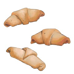 Watercolor croissant, bagel, pastry on white background