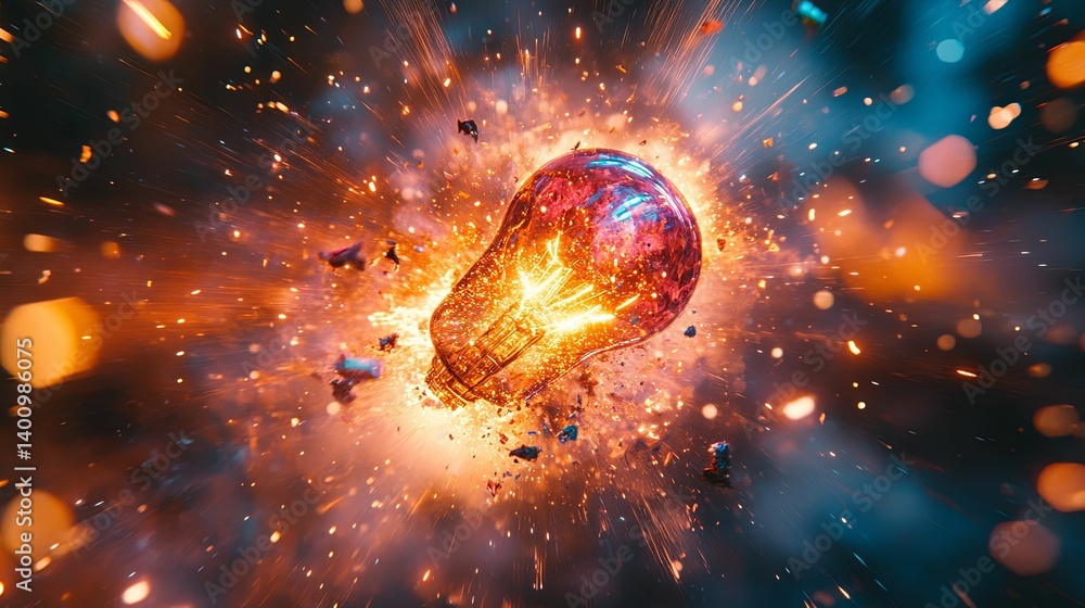 Poster an exploding lightbulb, a powerful burst of innovation.