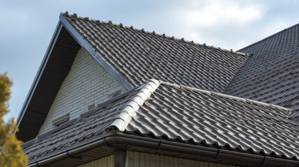 Fototapeta premium Inspecting New Gray Roof Tiles on House Exterior Under Cloudy Sky