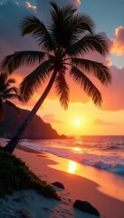 palm tree on beach at sunrise with warm light, ocean, vintage tone